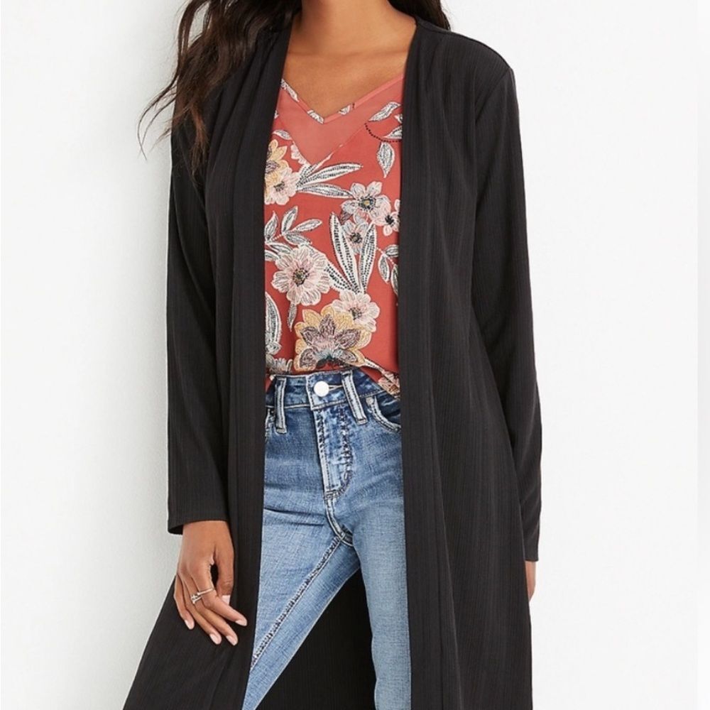 Maurices Black Ribbed Long Sweater Duster